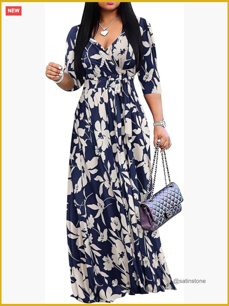 Plus Size Casual Maxi Dress With Pockets V Neck 3/4 Sleeve